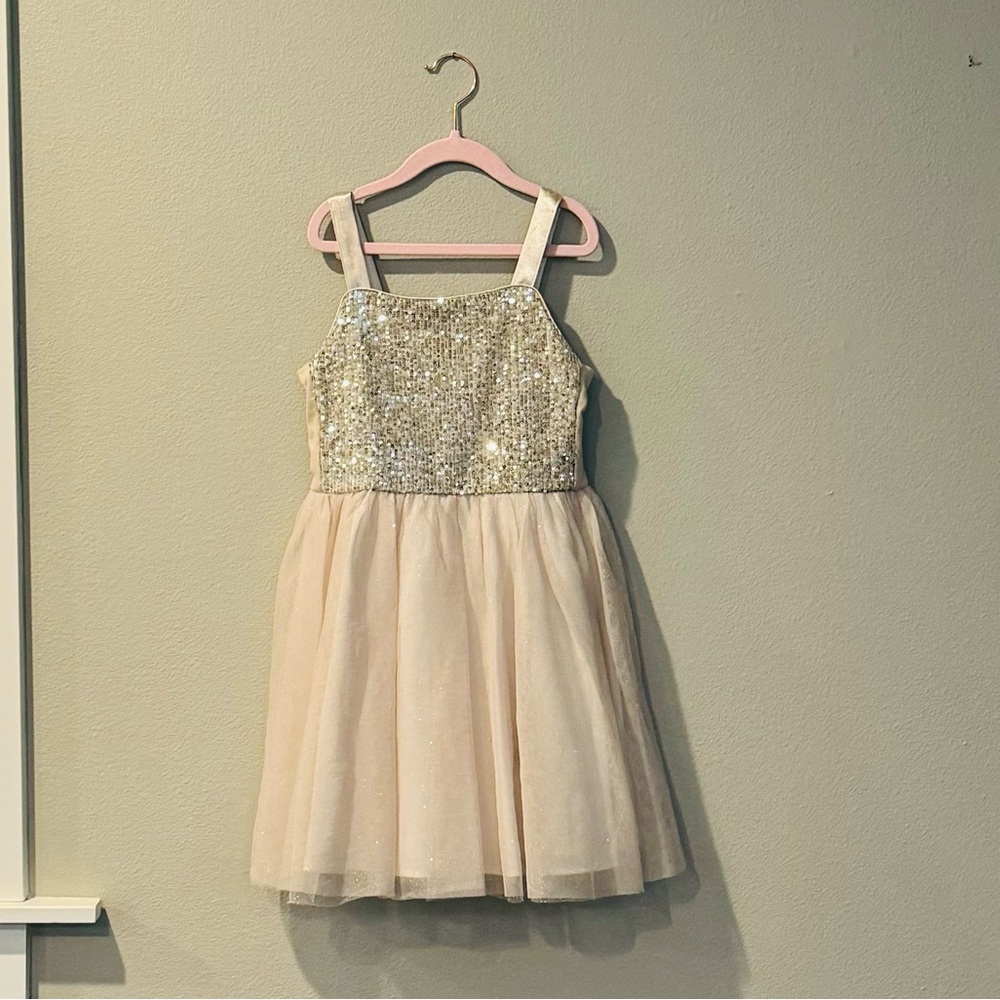 Cat & Jack champagne sequin, glitter sleeveless dress with toule.